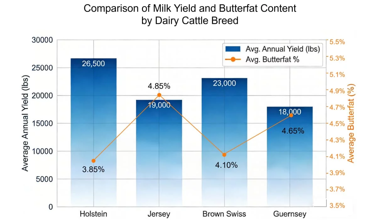 диаграмма средней молочной продуктивности по породам молочных коров